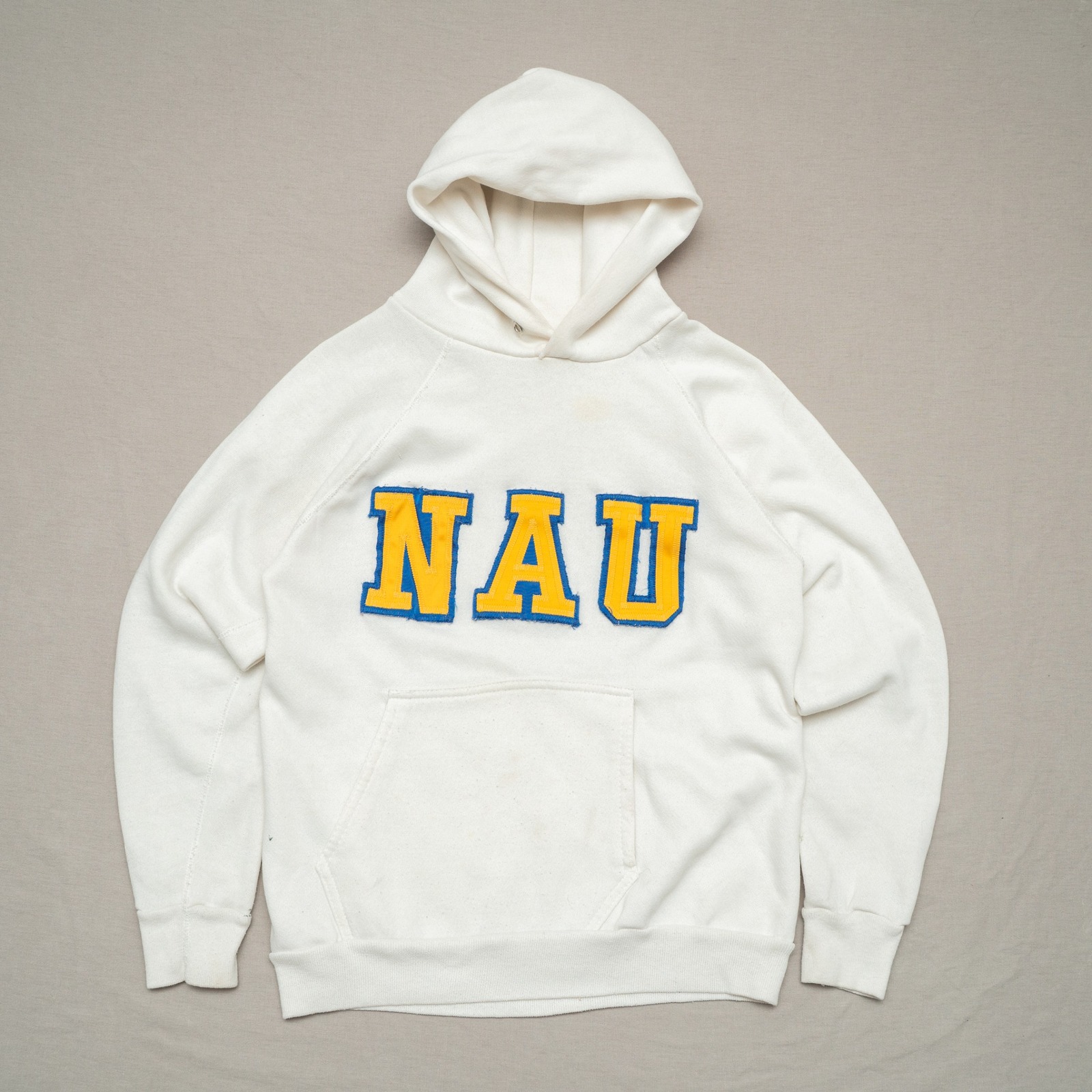 Vintage 70s 80s White Raglan Nau Hoodie Adult Medium Sewn Letters Artex